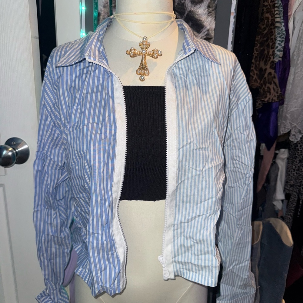 Blue & white striped light weight linen style zip up jacket